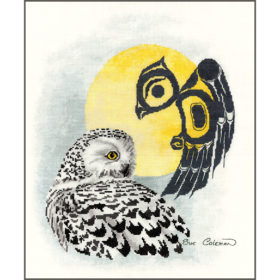 A snowy owl in three-quarter profile, in front of a full yellow moon. A Native line-art owl perches on the right of the moon.