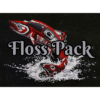 The text "Floss Pack" overlays the image. A salmon leaps from water, splashing its tail. Its body is completely covered in red, white, and black Native line-art.