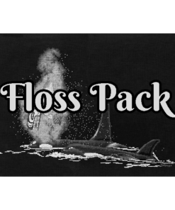 The text "Floss Pack" overlays the image. Two orca whales, heads and dorsal fins cresting the water. One blows water and steam that forms a Native-style line-art whale