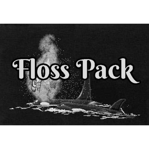 The text "Floss Pack" overlays the image. Two orca whales, heads and dorsal fins cresting the water. One blows water and steam that forms a Native-style line-art whale