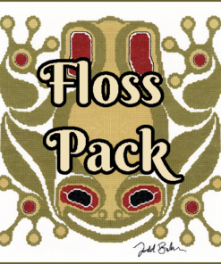 The text "Floss Pack" overlays the image. A Native line-art frog, in olive green and yellow with red details, sits upside-down, feet splayed, smiling up at the viewer