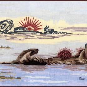 An otter floats on the ocean on its back, a sea urchin on its belly, before a black Native line-art otter with a red urchin