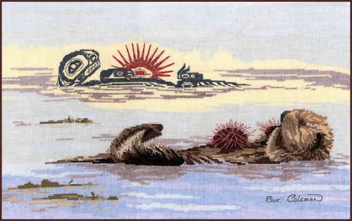 An otter floats on the ocean on its back, a sea urchin on its belly, before a black Native line-art otter with a red urchin