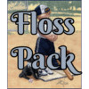 The text "Floss Pack" overlays the image. A child dressed for baseball stands at the plate, looking down at a black puppy. A box with mitt, bat, and towels sits beside