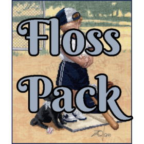 The text "Floss Pack" overlays the image. A child dressed for baseball stands at the plate, looking down at a black puppy. A box with mitt, bat, and towels sits beside