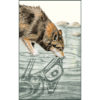 A timber wolf from the forequarters up bends to drink from a rocky stream. Its reflection is in Native line-art style.