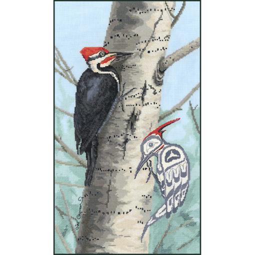 Pileated woodpecker taps at the trunk of a silver birch. A black and red Native line-art bird taps further down the same trunk.