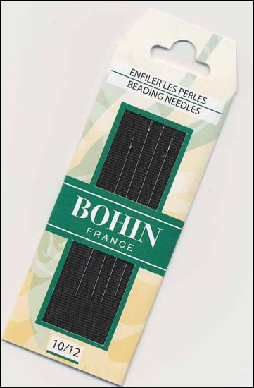 A cardboard packet containing four beading needles. The package text reads, "Bohin France, 10/12"