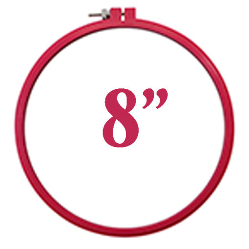 A plastic embroidery hoop, closed with a small metal bolt and screw. In the middle is the text, "8inches".
