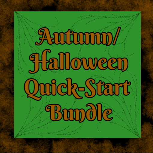 A black and brown mossy border around a green square in the middle. Text reads, "Autumn/Halloween Quick-start Bundle"