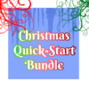 A blue square, bordered in white. Across the top are red and green flourishes and blue icicles. Text below reads, "Christmas Quick-Start Bundle"