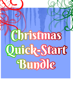 A blue square, bordered in white. Across the top are red and green flourishes and blue icicles. Text below reads, "Christmas Quick-Start Bundle"