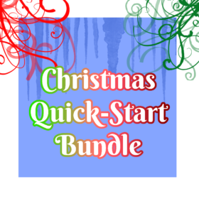 A blue square, bordered in white. Across the top are red and green flourishes and blue icicles. Text below reads, "Christmas Quick-Start Bundle"