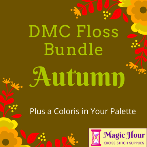 A yellow-brown square, bordered with red and orange leaves and flowers. Text reads: DMC Floss Bundle Autumn, Plus a Coloris in Your Pallet