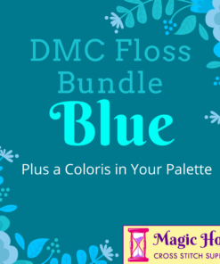 An aqua square, bordered with cyan and pale blue leaves and flowers. Text reads: DMC Floss Bundle Blue, Plus a Coloris in Your Pallet