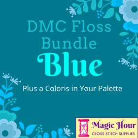 An aqua square, bordered with cyan and pale blue leaves and flowers. Text reads: DMC Floss Bundle Blue, Plus a Coloris in Your Pallet