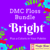 A bright purple square, bordered with green, red, and cyan leaves and flowers. Text reads: DMC Floss Bundle Bright, Plus a Coloris in Your Pallet