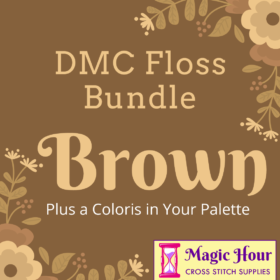 A brown square, bordered with tan and cream leaves and flowers. Text reads: DMC Floss Bundle Brown, Plus a Coloris in Your Pallet