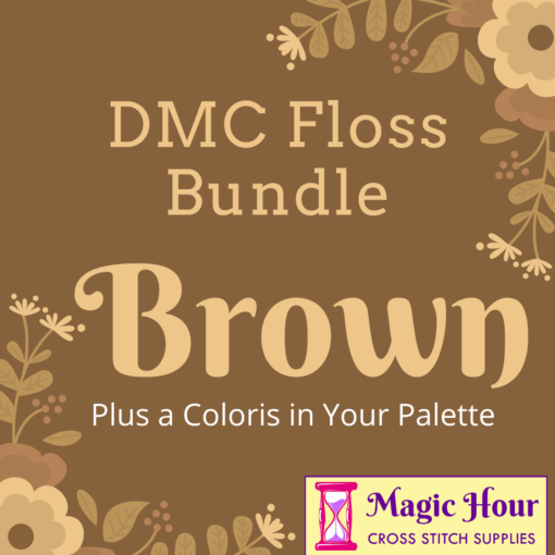 A brown square, bordered with tan and cream leaves and flowers. Text reads: DMC Floss Bundle Brown, Plus a Coloris in Your Pallet