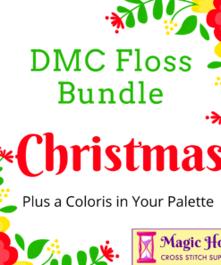 A white square, bordered with green, red, and yellow leaves and flowers. Text reads: DMC Floss Bundle Christmas, Plus a Coloris in Your Pallet