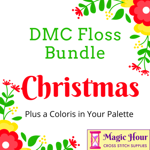 A white square, bordered with green, red, and yellow leaves and flowers. Text reads: DMC Floss Bundle Christmas, Plus a Coloris in Your Pallet