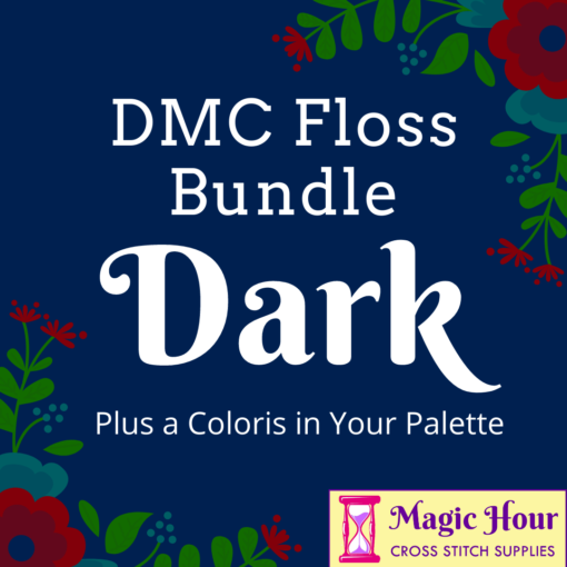 A blue square, bordered with red, blue, and green leaves and flowers. Text reads: DMC Floss Bundle Dark, Plus a Coloris in Your Pallet