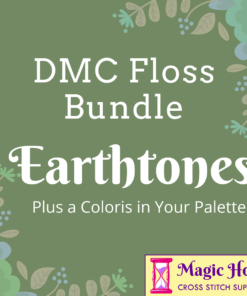 A olive green square, bordered with grey, blue and green leaves and flowers. Text reads: DMC Floss Bundle Earthtones, Plus a Coloris in Your Pallet