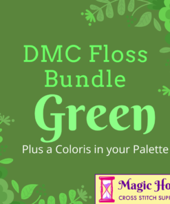 A green square, bordered with line green and darker green leaves and flowers. Text reads: DMC Floss Bundle Green, Plus a Coloris in Your Pallet