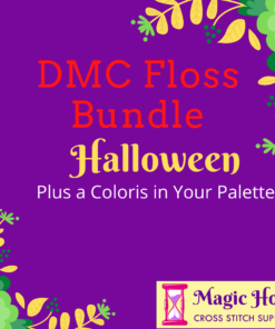 A purple square, bordered with yellow and green leaves and flowers. Text reads: DMC Floss Bundle Halloween, Plus a Coloris in Your Pallet