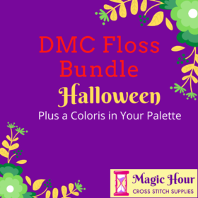 A purple square, bordered with yellow and green leaves and flowers. Text reads: DMC Floss Bundle Halloween, Plus a Coloris in Your Pallet