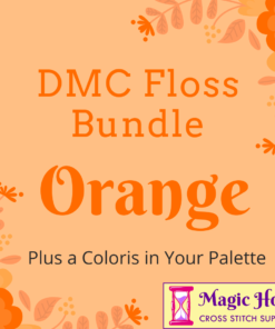 A tangerine square, bordered with orange and terracotta leaves and flowers. Text reads: DMC Floss Bundle Orange, Plus a Coloris in Your Pallet