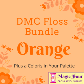 A tangerine square, bordered with orange and terracotta leaves and flowers. Text reads: DMC Floss Bundle Orange, Plus a Coloris in Your Pallet