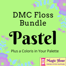 A lime green square, bordered with blue and purple leaves and flowers. Text reads: DMC Floss Bundle ________, Plus a Coloris in Your Pallet