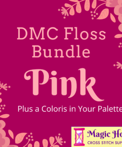 A fuchsia square, bordered with pink leaves and flowers. Text reads: DMC Floss Bundle Pink, Plus a Coloris in Your Pallet