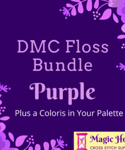 An indigo square, bordered with purple leaves and flowers. Text reads: DMC Floss Bundle Purple, Plus a Coloris in Your Pallet