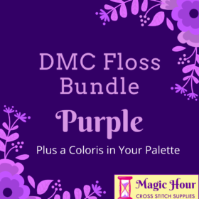 An indigo square, bordered with purple leaves and flowers. Text reads: DMC Floss Bundle Purple, Plus a Coloris in Your Pallet