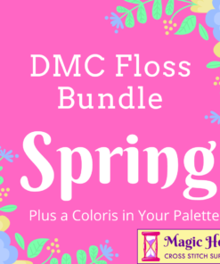 A magenta square, bordered with green, blue and yellow leaves and flowers. Text reads: DMC Floss Bundle Spring, Plus a Coloris in Your Pallet