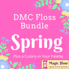 A magenta square, bordered with green, blue and yellow leaves and flowers. Text reads: DMC Floss Bundle Spring, Plus a Coloris in Your Pallet
