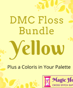 A pale yellow square, bordered with yellow leaves and flowers. Text reads: DMC Floss Bundle Yellow, Plus a Coloris in Your Pallet