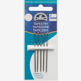 A cardboard and plastic packet containing six round-end tapestry needles.