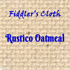 A square of tan embroidery cloth. Text over it reads, "Fiddler's Cloth, Rustico Oatmeal"