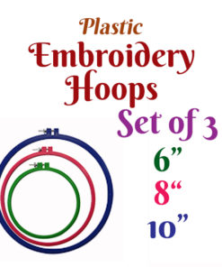 Three plastic embroidery hoops, closed with a small metal bolt and screw. They are set within each other concentrically. To the right is the text, "Plastic Embroidery Hoops. Set of 3: 6 inches, 8 inches, 10 inches."