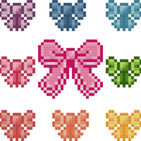 Eight colourful bows, purple, blue, light blue, red, green, salmon, orange, and yellow, arranged in three rows. In center is a larger one in bright pink.