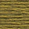 A close-up view of embroidery thread skeins, held taught horizontally. The shade is a desaturated yellow-green, like wet straw.