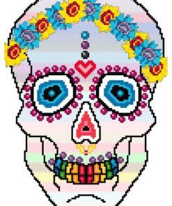 A decorated skull with large blue eyes ringed in purple lashes, and a pink nasal cavity with a yellow nose ring. There's a pink heart between the brows, with grey, purple, and blue gems spaced evenly above it. It wears a flower crown that alternated blooms that are yellow and red, with ones that are blue and pink. A rainbow is lightly transposed across its face from top to bottom, and its teeth are in rainbows starting from the middle outwards.