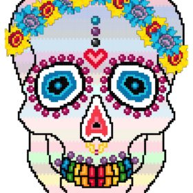 A decorated skull with large blue eyes ringed in purple lashes, and a pink nasal cavity with a yellow nose ring. There's a pink heart between the brows, with grey, purple, and blue gems spaced evenly above it. It wears a flower crown that alternated blooms that are yellow and red, with ones that are blue and pink. A rainbow is lightly transposed across its face from top to bottom, and its teeth are in rainbows starting from the middle outwards.