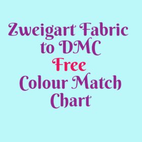 A cyan square. Purple and magenta text reads: Zweigart Fabric to DMC Free Colour Match Chart