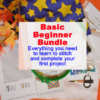 An orange tabletop, with a strand of fall leaves at one corner. Centered is a complete embroidery kit, with pattern, hoop, fabric, scissors, etc. A piece of blue fabric with yellow stars borders the top. Text reads: "Basic Beginner Bundle, Everything you need to learn to stitch and complete your first project"