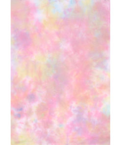 A sheet of hand-dyed fabric, mostly pink, with mottling of peach, purple, and blue
