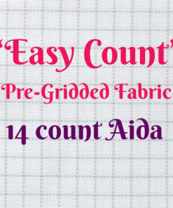 A close-up on gridded white aida fabric. Pink and purple text reads: "Easy Count Pre-Gridded Fabric 14 count Aida"
